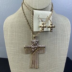 Da Vinci Necklace Cross Pendant Necklace Earrings Set GoldTone Fringe